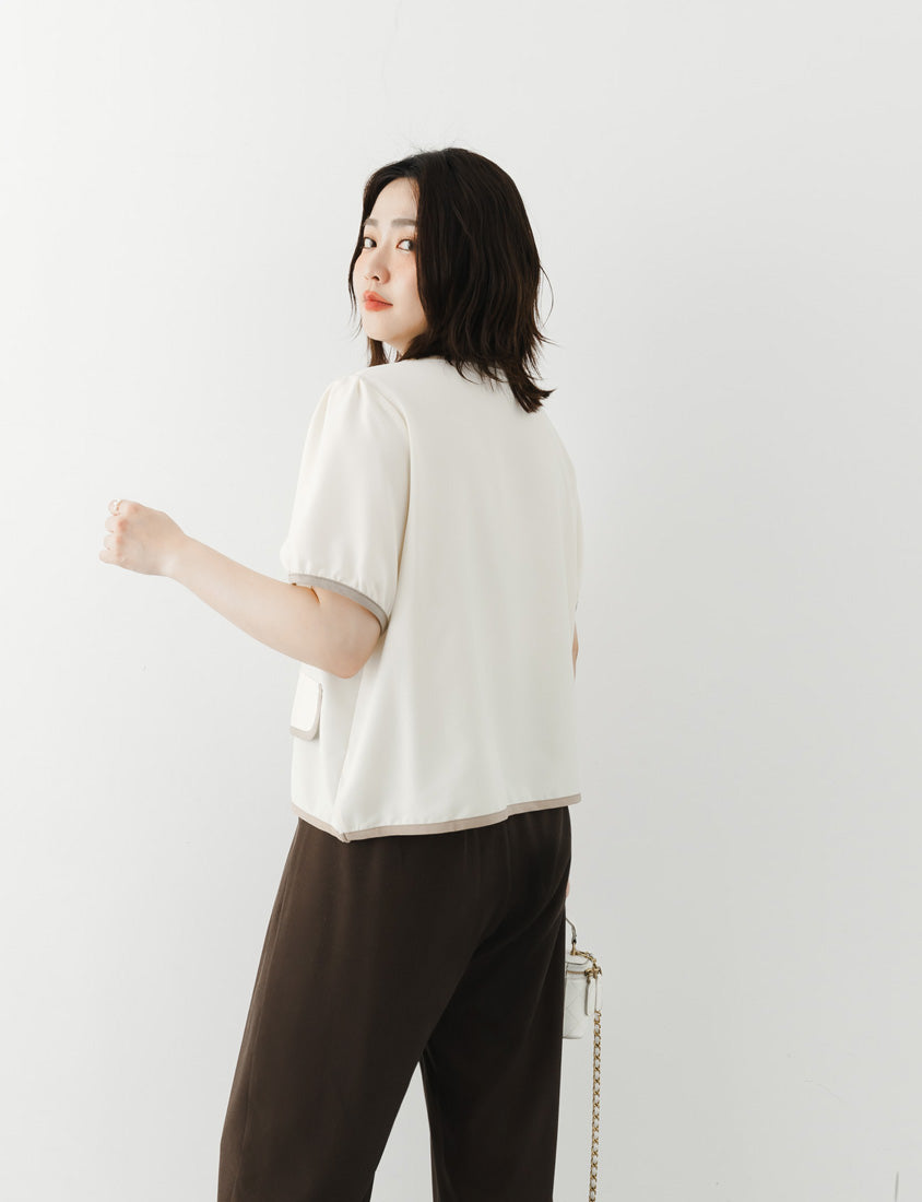 MISS. Elegant Contrast Trim Pearl Button Plus Size Top