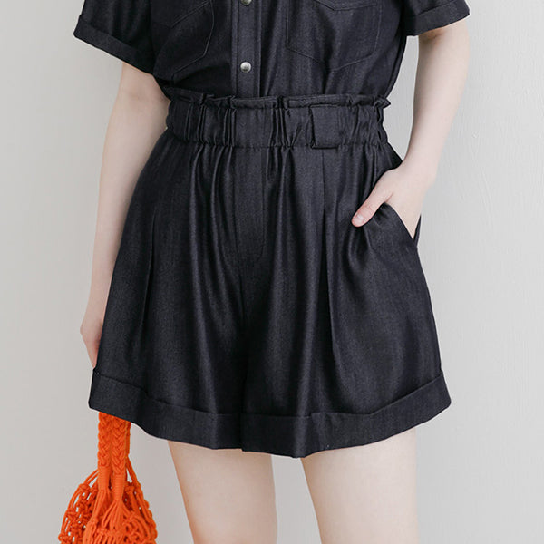 Korean-Style Faux Denim Bubble Hem Plus Size Shorts