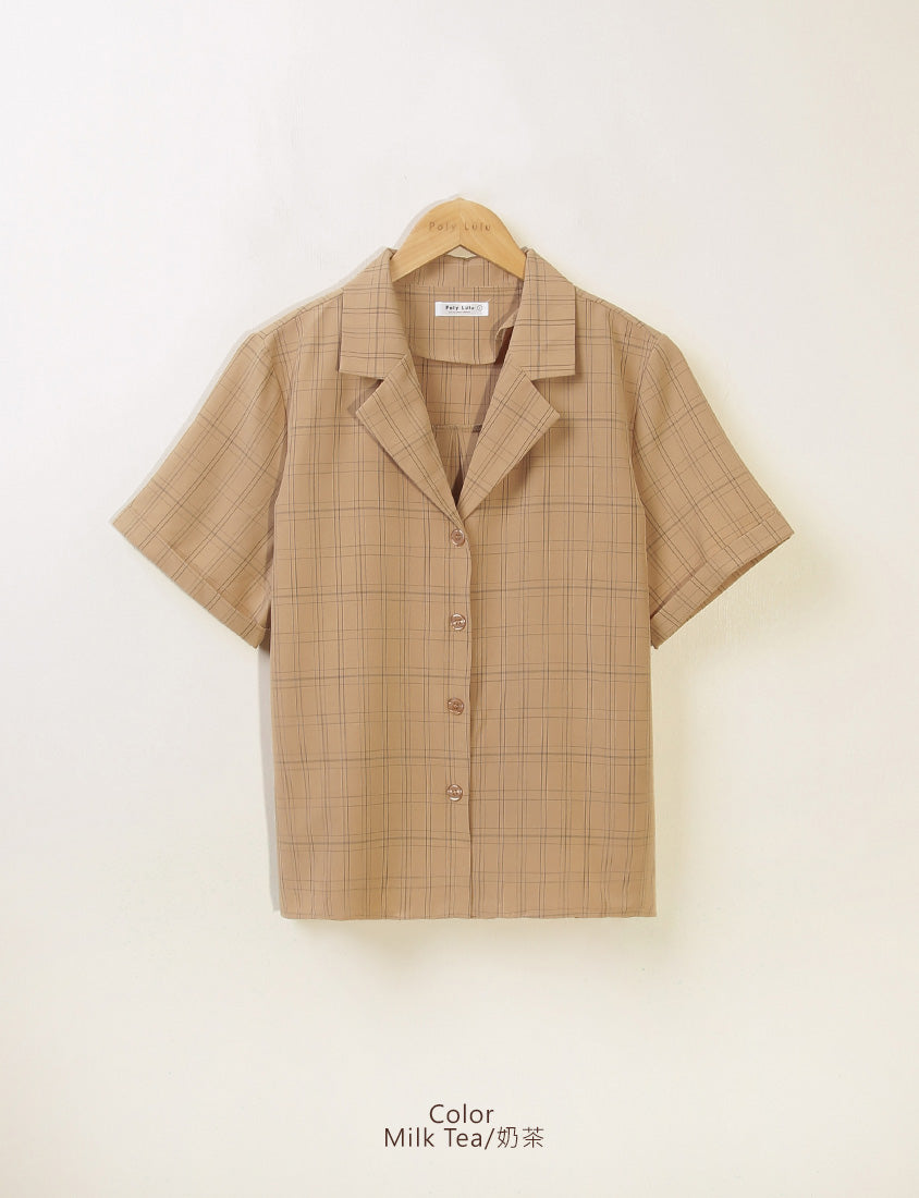 MISS. Cuban Collar Plaid Cuffed Plus Size Short Sleeve Shirt