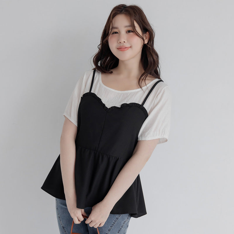 Faux Two-Piece Ruffle-Trim Layered-Look Plus Size Peplum Blouse