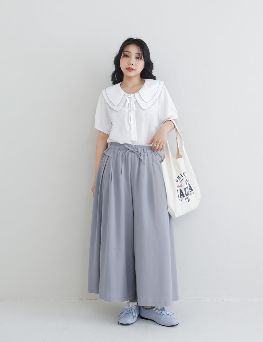Double Layer Collar Tie Puff Sleeve Plus Size Blouse