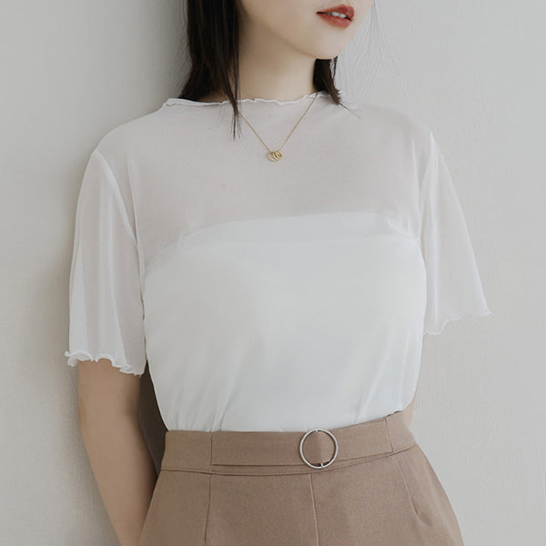 MISS. Sheer Wavy Edge Korean Style Plus Size Short Sleeve Top