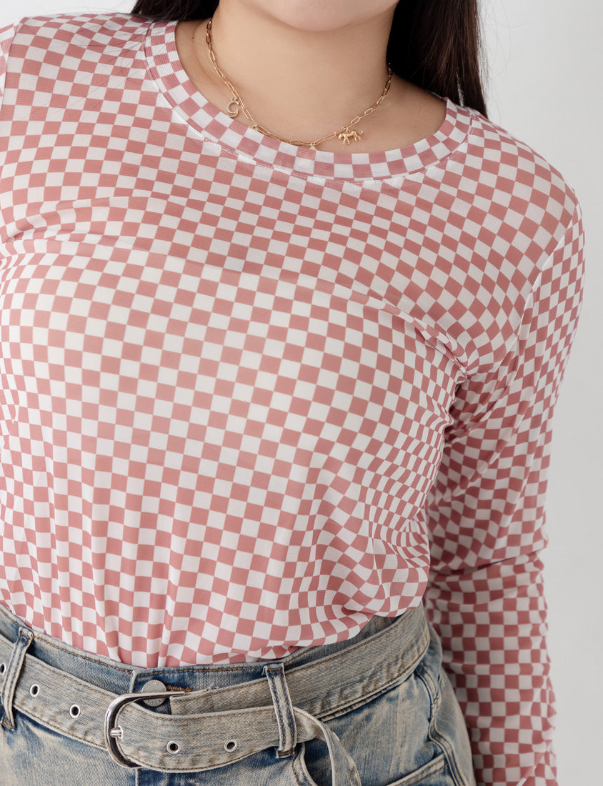MUA! Sexy Checkered Mesh Long Sleeve Plus Size Top