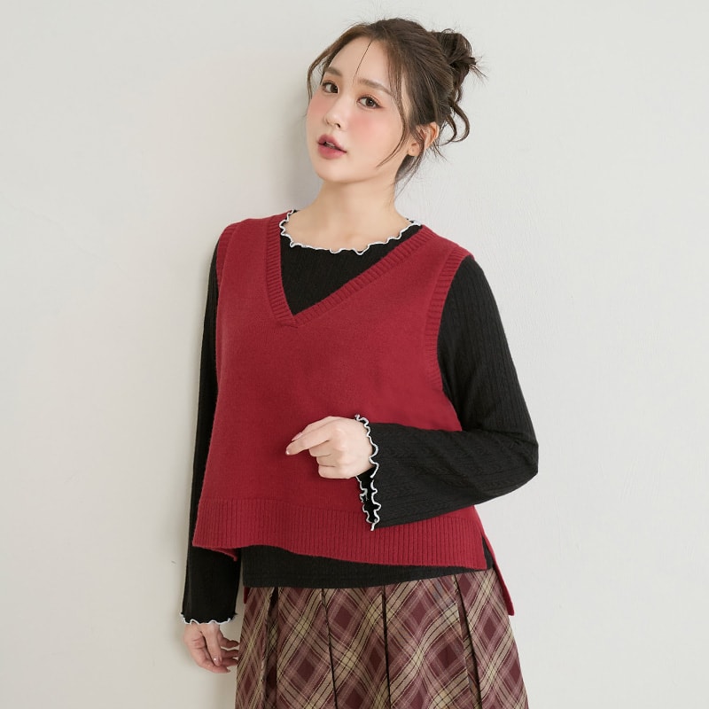 Versatile Multicolor V-Neck Cropped Plus Size Knit Vest