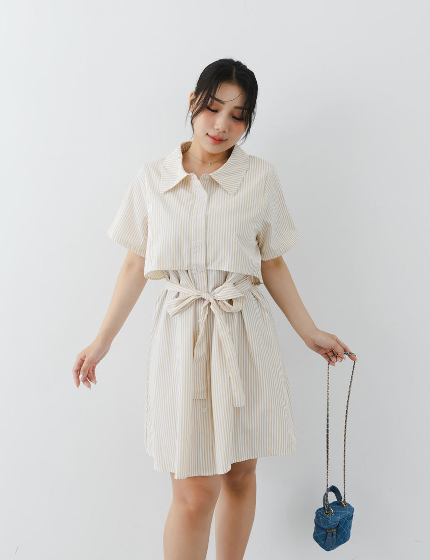 MISS. Japanese Style Striped Layered Plus Size Shirt Dress (with Belt)