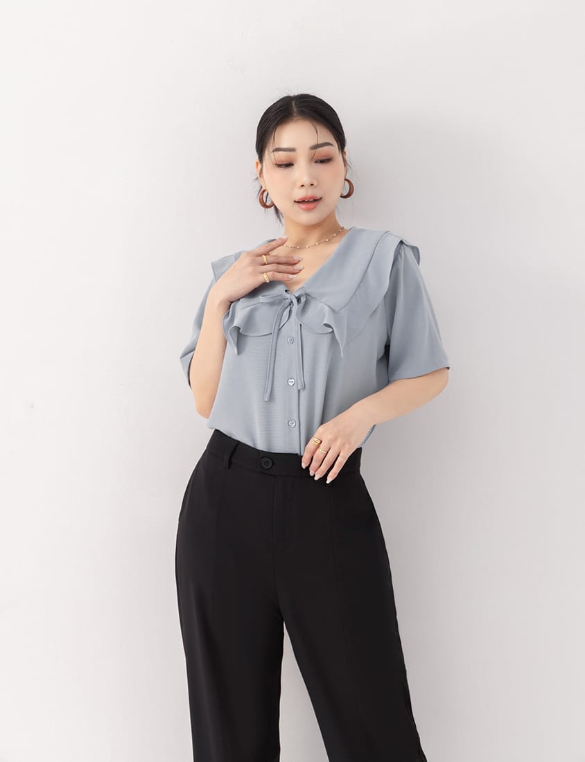 MISS. Heart Buttons Front Tie Ruffle Collar Plus Size Blouse