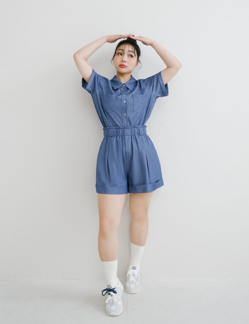 Korean-Style Faux Denim Cuffed Plus Size Short Sleeve Shirt