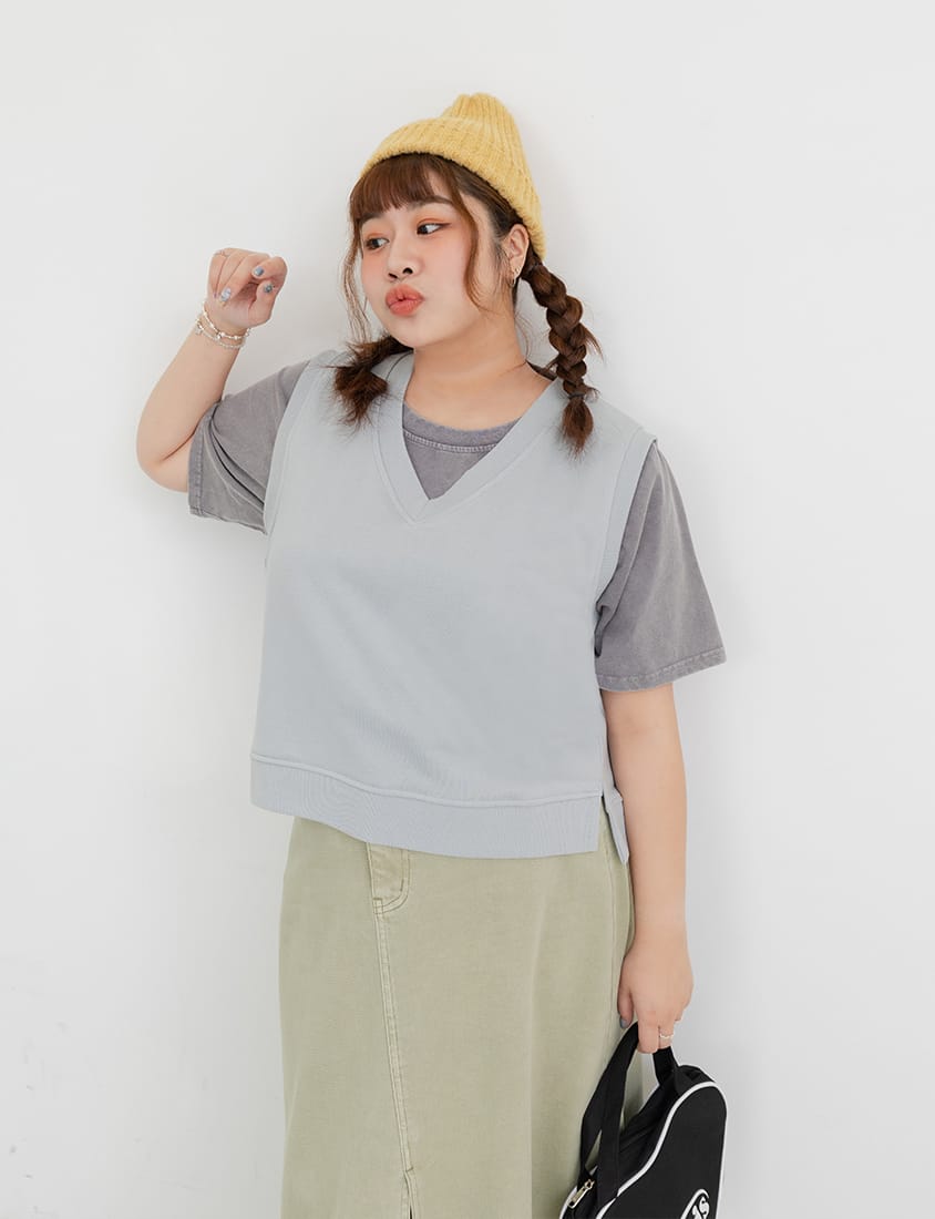 Sweet Versatile V-Neck Cotton Side Slit Plus Size Vest