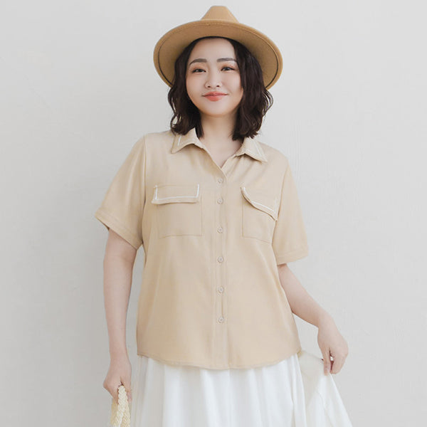 Color-Block Embroidered Pocket Plus-Size Short Sleeve Shirt