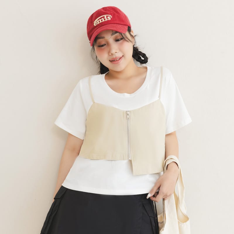 Asymmetric Front Zip Plus Size Layered Tee