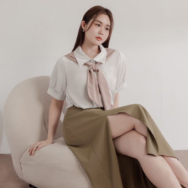 MISS. Faux Two-Piece Color-Block Bow Puff Sleeve Plus Size Blouse