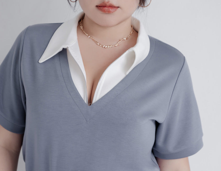 MUA! Space Cotton Color-Block Zipper Faux Two-Piece Plus Size Top