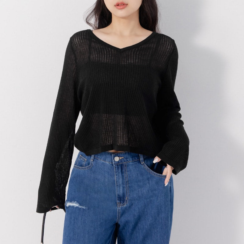 Lyocell Sheer Knit Plus Size Long Sleeve Top