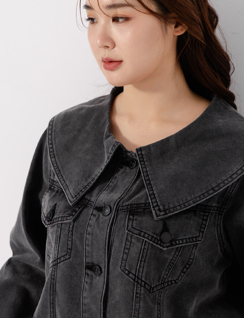 Korean Style Statement Collar Button-Down Plus Size Denim Jacket