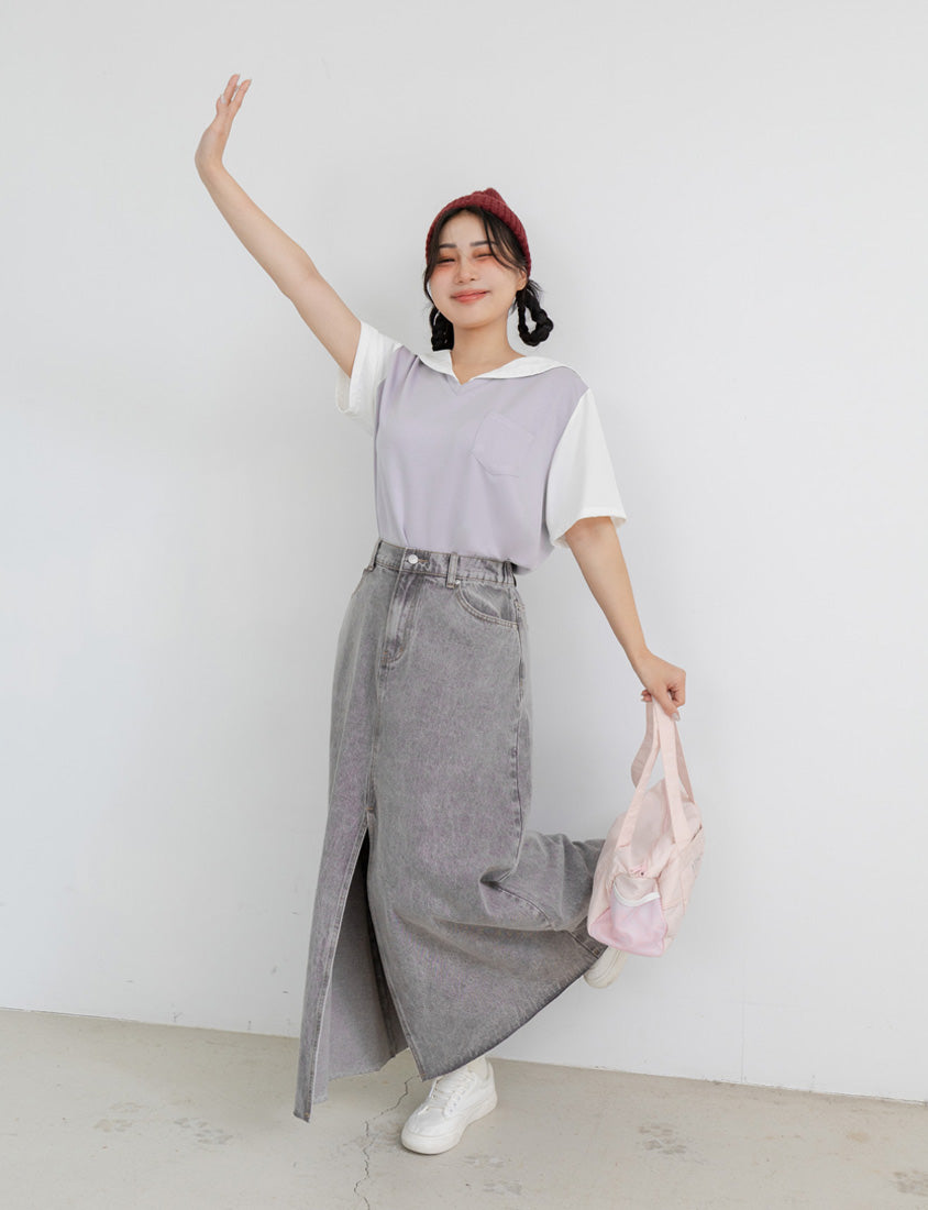 Space Cotton Sailor Collar Faux Two-Piece Plus Size Top