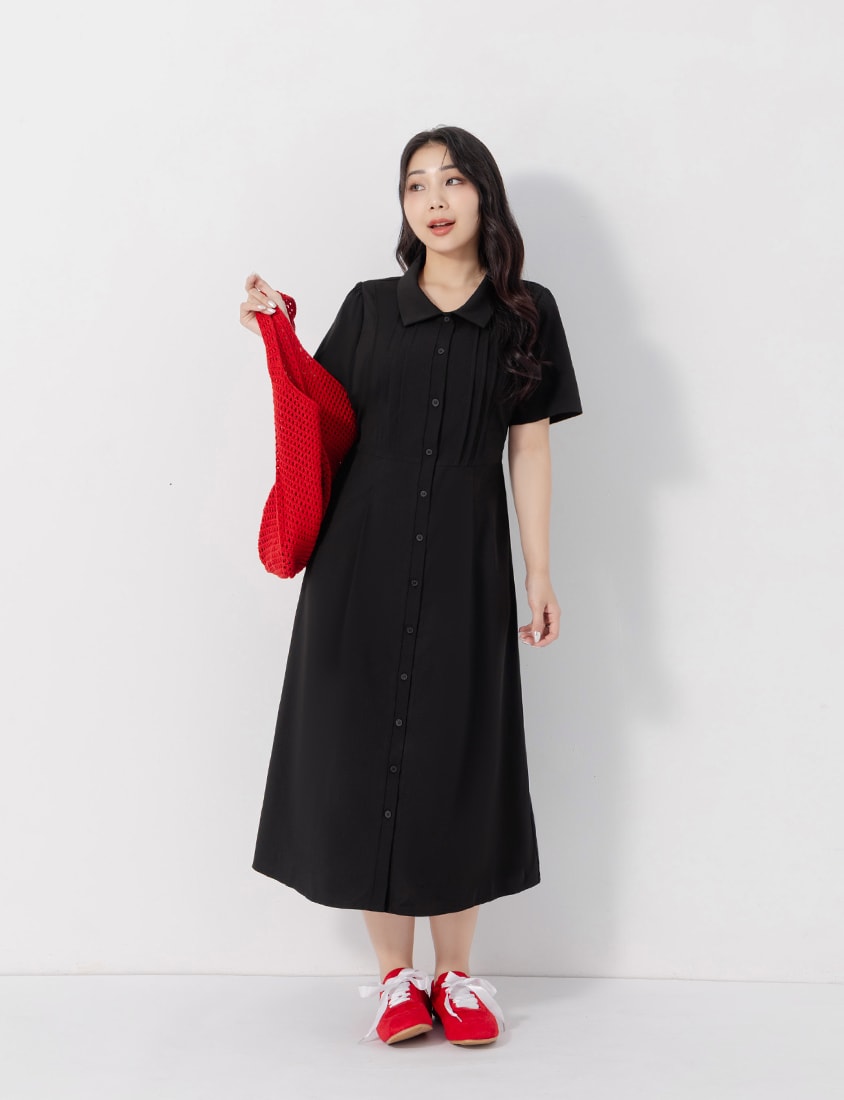 Pleated Textured Button-Down Elastic Back Plus Size Maxi Dress