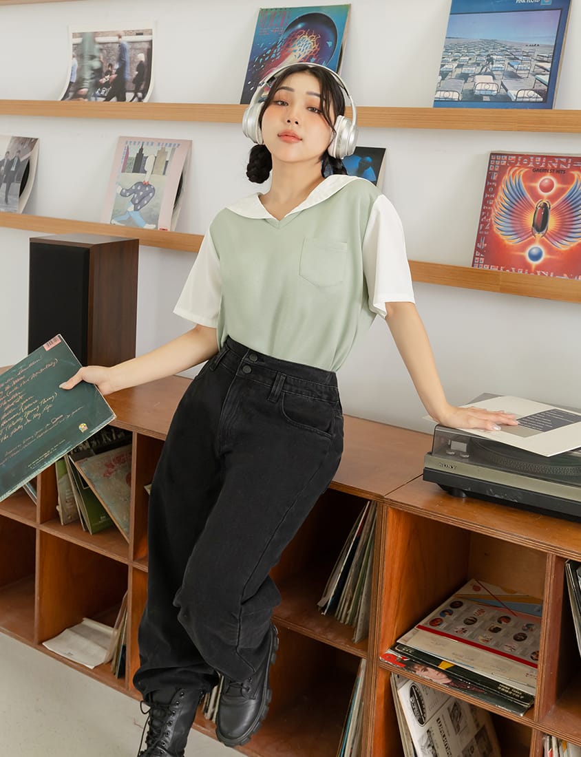 Space Cotton Sailor Collar Faux Two-Piece Plus Size Top