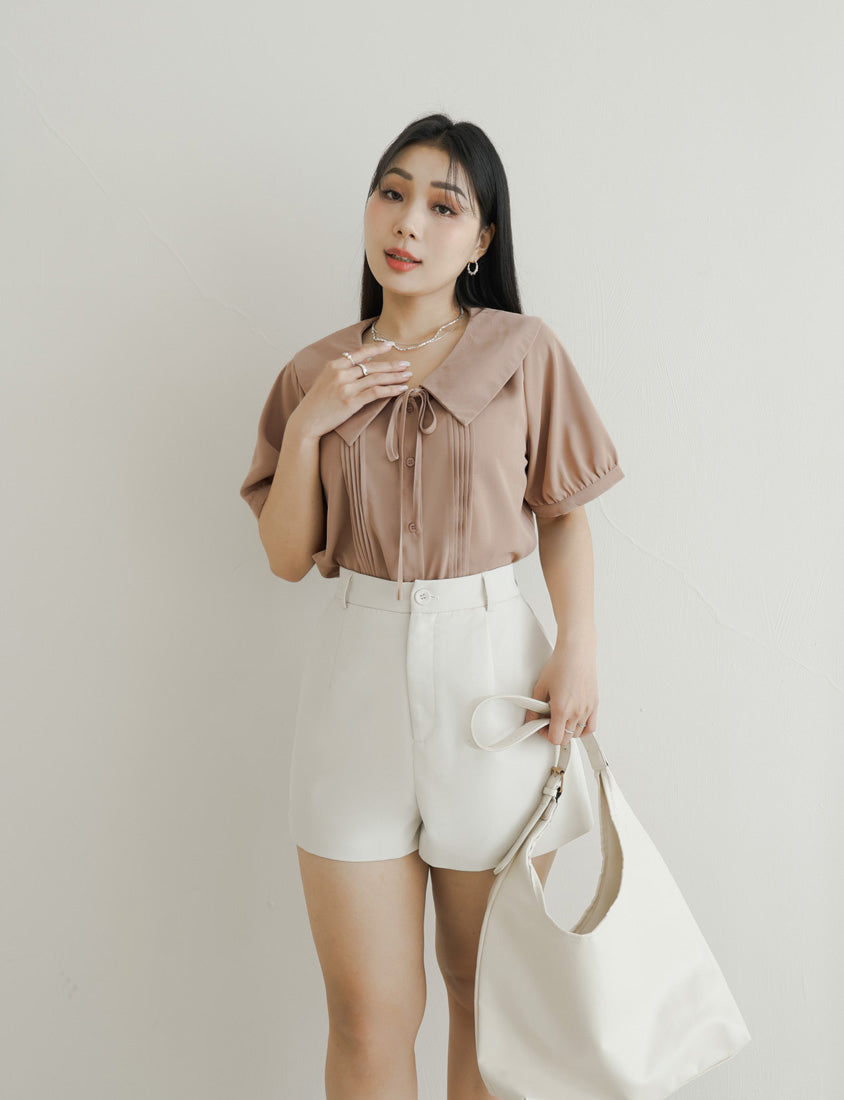 MISS. Sweet Pleated Lapel Collar Plus Size Puff Sleeve Blouse