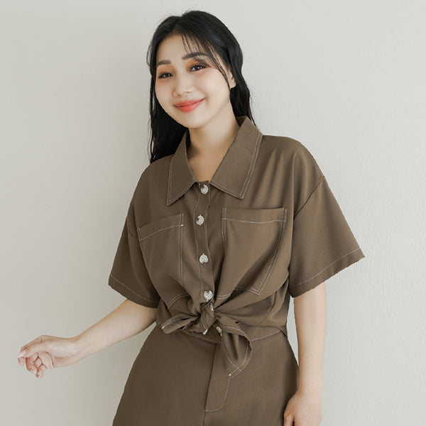Color-Block Stitched Large Pocket Plus Size Short Sleeve Shirt