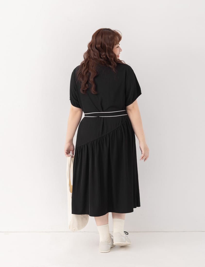 Color-Trimmed Plus Size Puff Sleeve Maxi Dress (With Waist Tie)