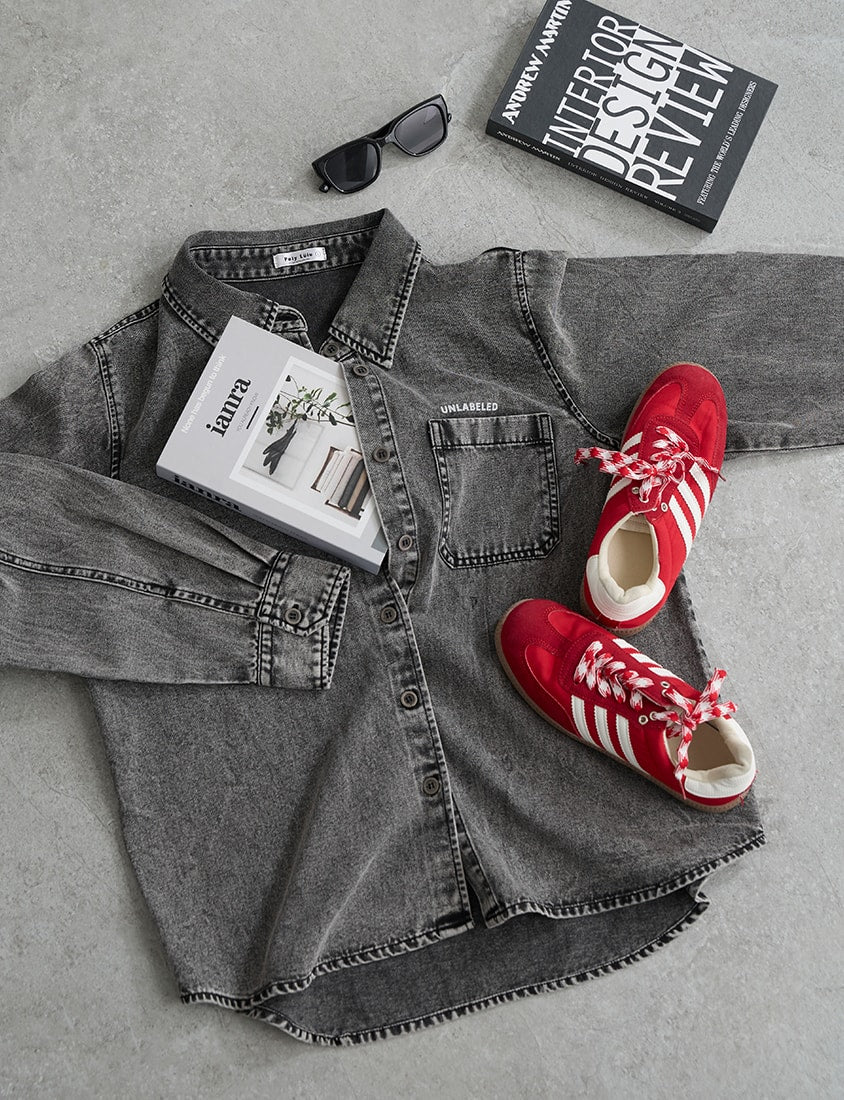 Washed Graphic Oversized Denim Plus Size Long Sleeve Shirt (Unisex)