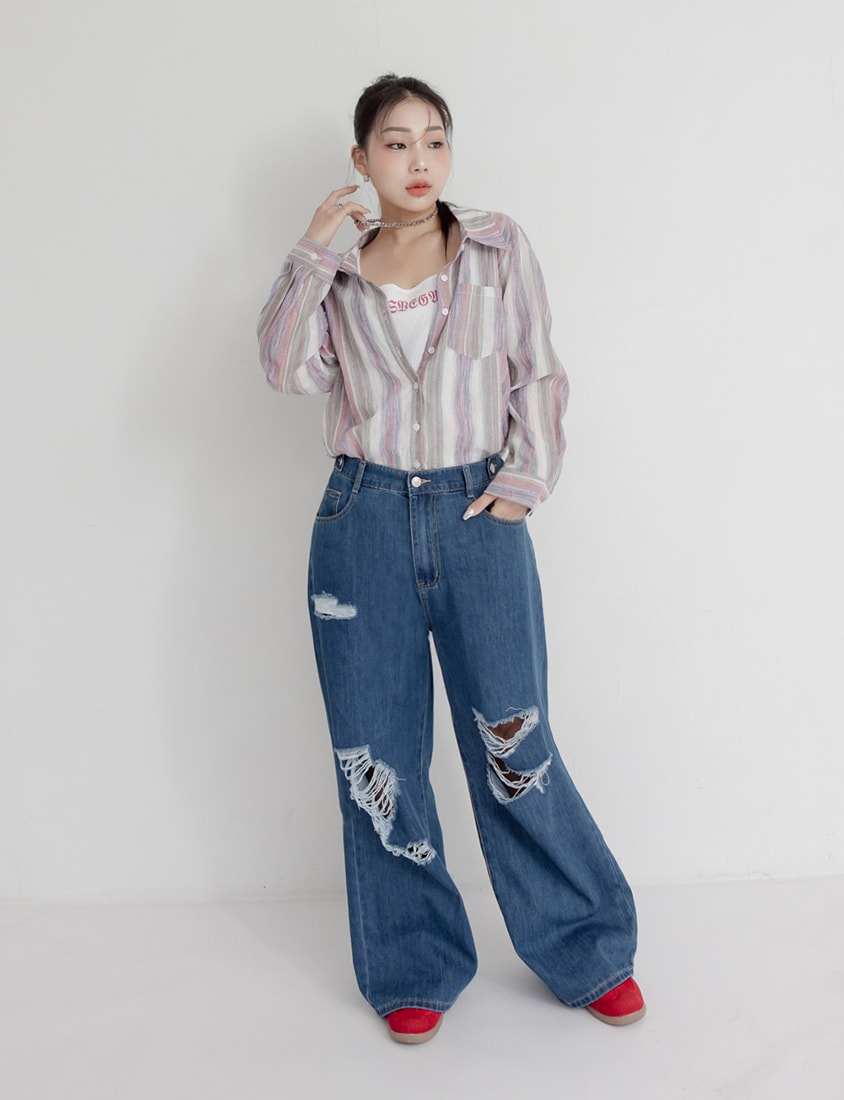 MUA! Tie-Dye Contrast Stripe Long Sleeve Plus Size Shirt