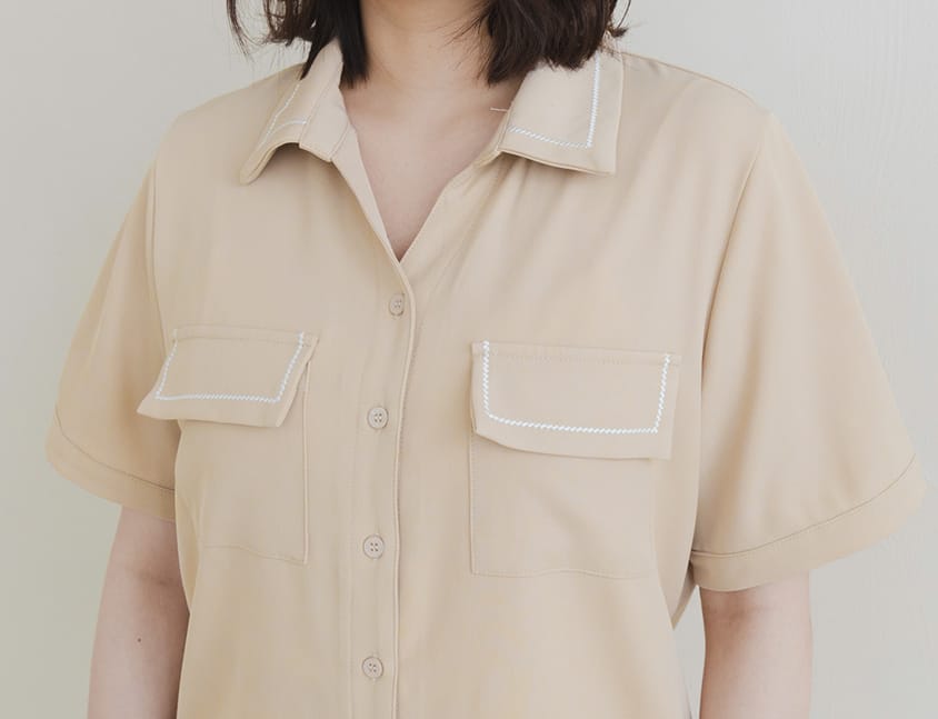 Color-Block Embroidered Pocket Plus-Size Short Sleeve Shirt