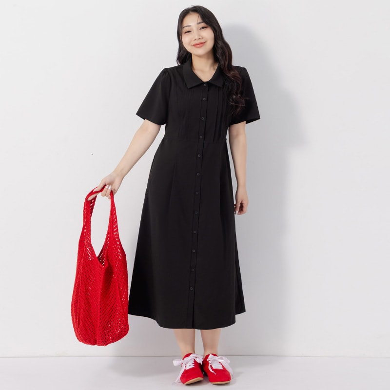 Pleated Textured Button-Down Elastic Back Plus Size Maxi Dress