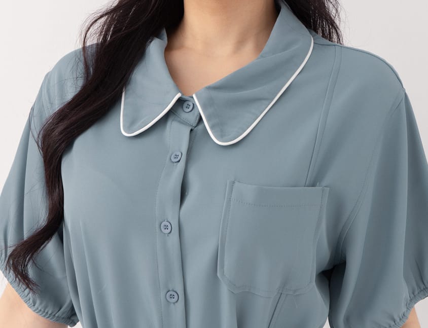 Color-Trimmed Plus Size Puff Sleeve Maxi Dress (With Waist Tie)