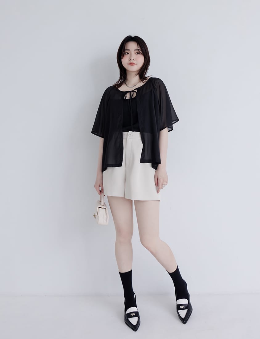 MISS. Faux Two-Piece Sheer Front-Tie Plus Size Top