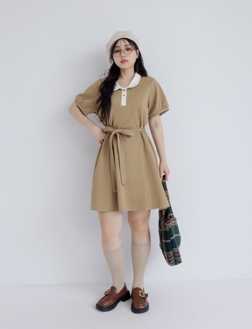 Color-Block Polo Collar Plus Size Mini Dress (With Belt)