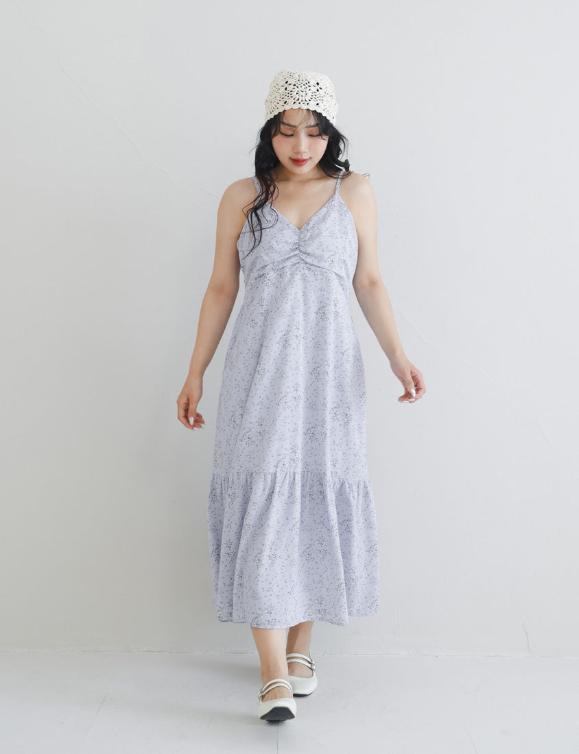 Ruched Floral Flared Hem Plus Size Cami Strap Dress