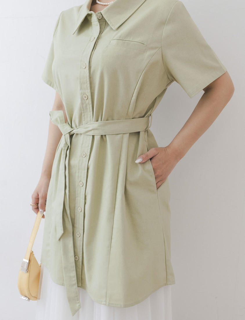 MISS. Korean-Style Button-Front Contrast Stitch Plus Size Dress (with Waist Tie)