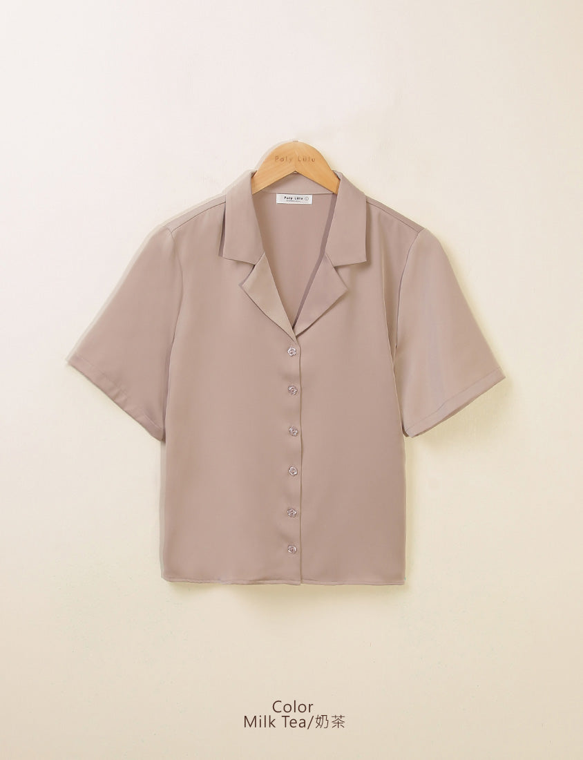 MISS. Glossy Satin Cuban Collar Plus Size Shirt With Floral Buttons
