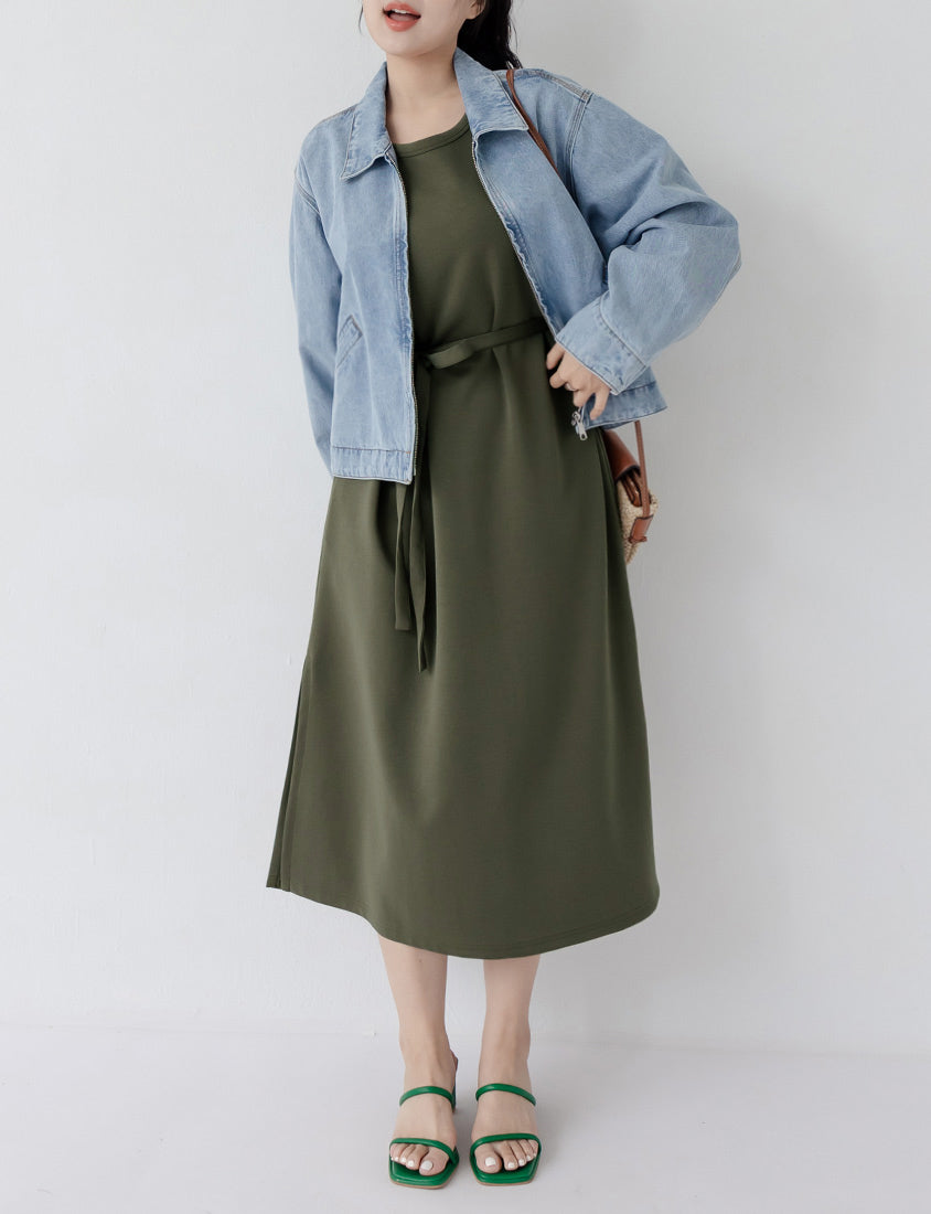 Casual Crew Neck Waist Tie Plus Size Maxi Dress