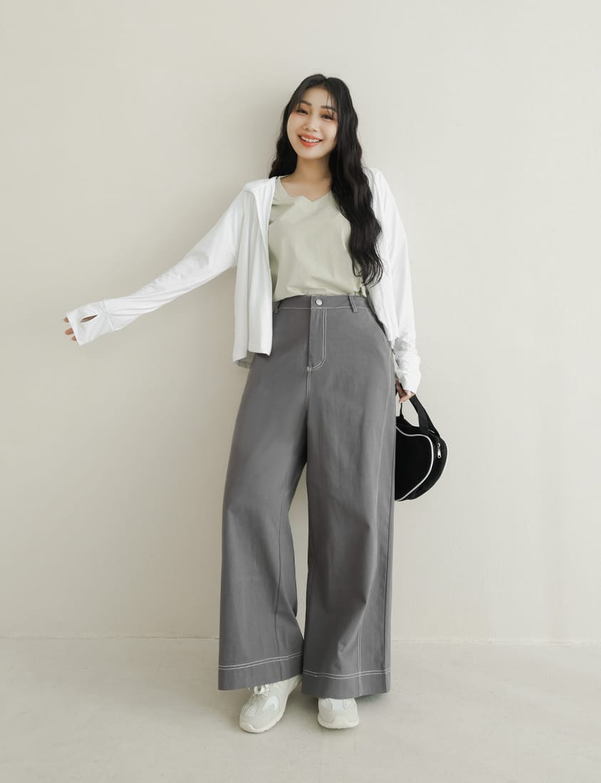 Color-Block Stitched Twill Cotton Straight-Leg Plus Size Pants