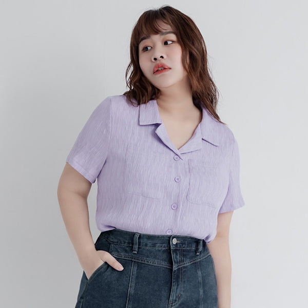 Cuban Collar Crinkled Texture Large Pocket Plus Size Shirt