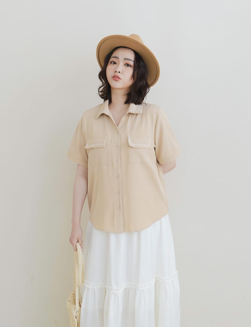 Color-Block Embroidered Pocket Plus-Size Short Sleeve Shirt
