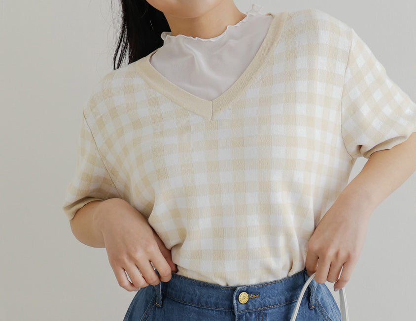 Plaid V-Neck Knit Plus Size Short Sleeve Top