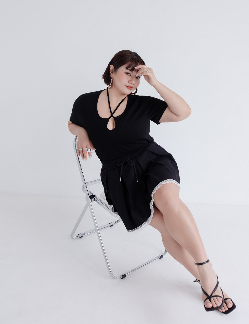MUA! Pleated Lace-Trim Elastic Drawstring Plus Size Cotton Skirt (with Inner Shorts)