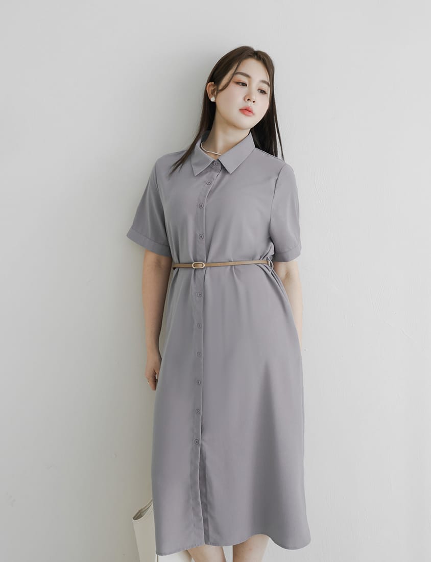 MISS. Button Twill Collar Plus Size Short Sleeve Dress (with Belt)