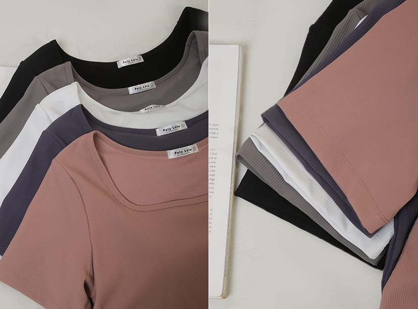Pobra. Airy Ribbed Square Neck Short Sleeve Plus Size Bra Top