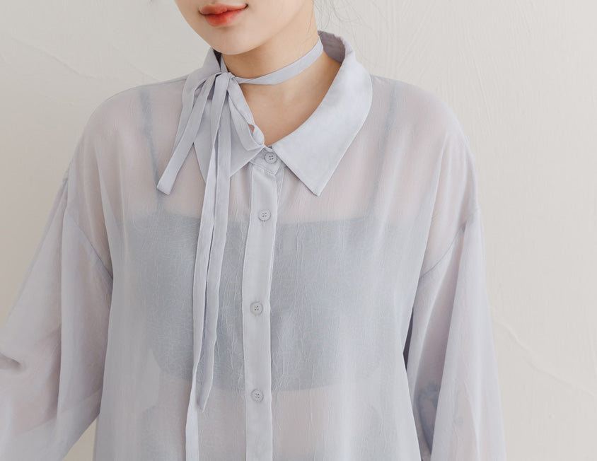 Flowy Crinkled Sheer Plus Size Blouse (With Tie)