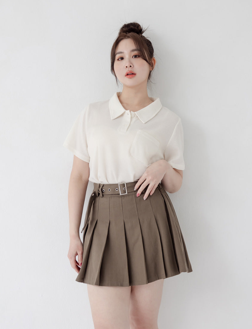 Skin-Friendly Waffle Knit Polo Plus Size Top