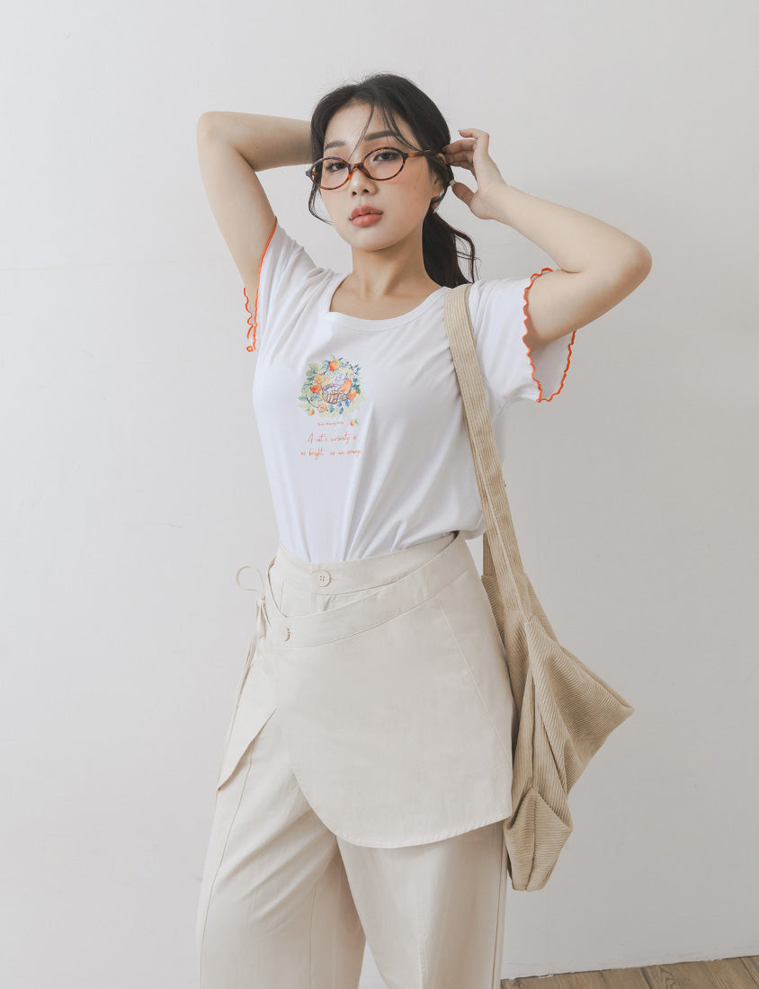 Layered Twill Plus Size Wide-Leg Pants (with Skirt Panel)