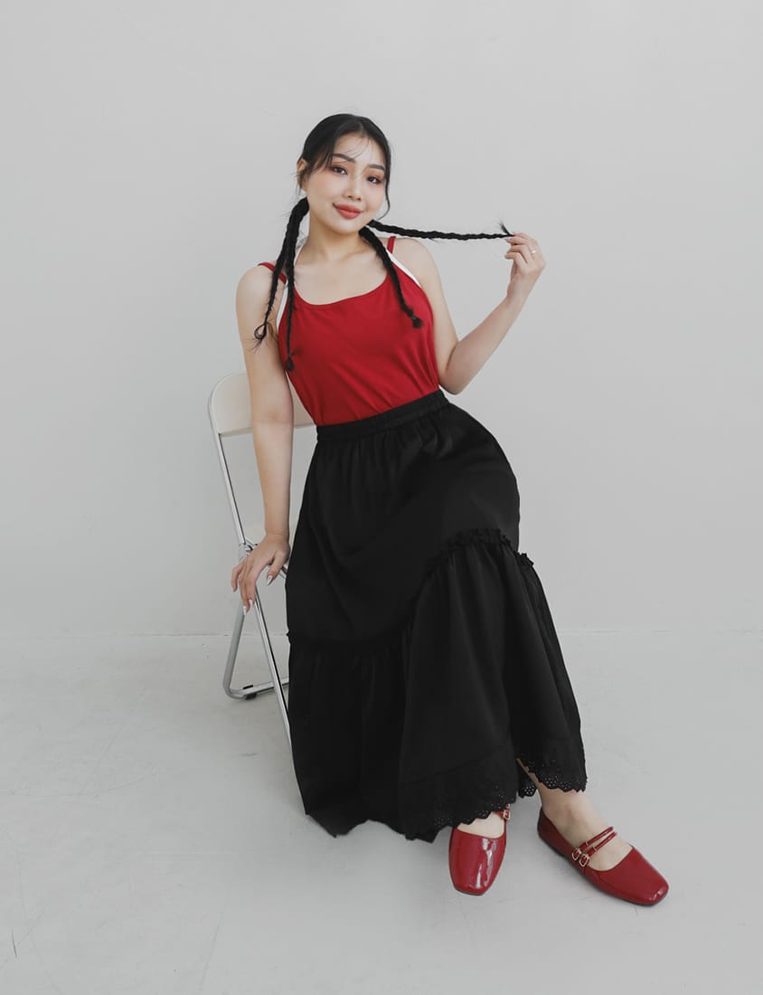 Korean Style Flowy Lace Trim Tiered Plus Size Maxi Skirt