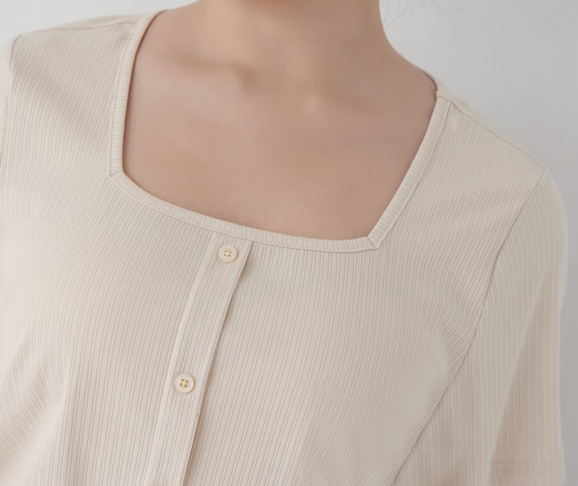 Multi-Color Ribbed Square Neck Faux Button Plus Size Top