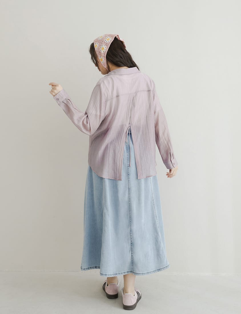 Crinkled Texture Sheer Tie-Back Plus Size Long Sleeve Shirt