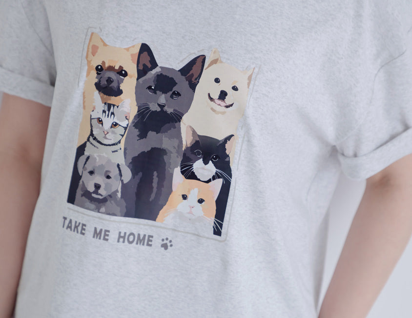 Kitty and Puppy Print Crew Neck Short Sleeve T-shirt