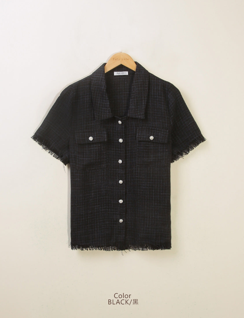 MISS. Tweed Fringe Trim Pearl Button Plus Size Blouse